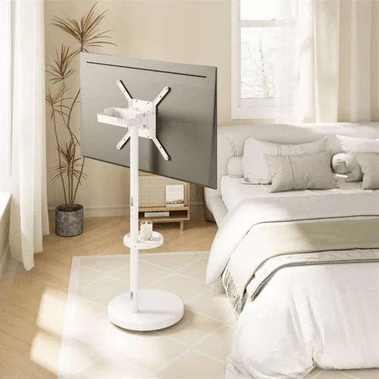 מעמד רצפתי לבן נייד עם גלגלים נסתרים למסכים עד 65″ דגם AL-65W